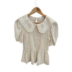 Mine Women’s Blouse Medium Beige Smocked Puff Sleeve Peplum Top Eyelet Peter Pan